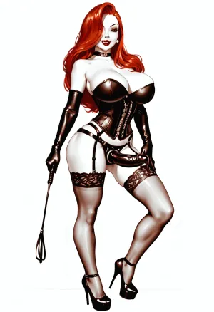((best quality)), ((masterpiece)), (detailed), NSFW, ((pencil sketch)), Zimmerman style, 1girl, solo, Jessica rabbit, red hair, long hair, large breasts, looking at viewer, smile, corset, elbow gloves, strap-on dildo, riding crop, high heels, standing, monochrome, choker, huge breasts, lipstick, eyeshadow, narrow waist