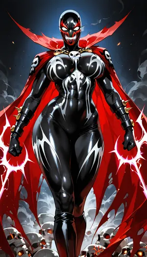 (("The Spawn")), Photorealistic ultra-detailed cinematic image of a powerful seductive female Spawn, genderbent version, athletic voluptuous body with large breasts, narrow waist and wide hips, wearing an extremely tight glossy black symbiote suit that clings to every curve, white skull emblem on chest, red glowing vein-like patterns, sharp spikes on shoulders, forearms, thighs and boots, heavy metal chains wrapped around torso and arms, long torn flowing red cape with spikes, full black and white demonic mask with glowing white eyes, no hair visible, standing in powerful pose, intense green hellish energy and smoke swirling behind her, dark dramatic lighting, ultra realistic skin texture on exposed parts, menacing atmosphere, 8k, photorealistic, intricate details, dark erotic horror style