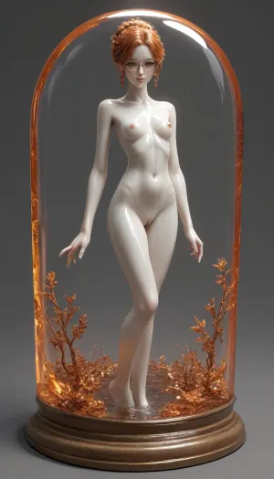 full body view, spreading legs, nude body, (old milf:1.3), wide hips, (skinny:1.5), (shiny skin:1.3), (belly bulge:1.1), ginger hair, glasses, (white skin:1.3), FrostedStyle, high quality fantasy art of a beautiful famboy made of transparent glass, glowing within, delicate figurine, adorable, <lora:SDXLFrosted:1>, <lora:detailed_notrigger:2>