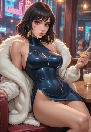 Score_9, score_8_up, score_7_up, reiq meets aroma sensei artstyle, Pharah from Overwatch, excessive cum on face, tanned skin, slender girl with a huge perfect breasts, luxurious tight micro dress, no panties, lewd girl, hairy pussy, reclining, strip club, neon lights, ratatatat74, high contrast, (thick outline), <lora:ratatatat74-000050:.8>, <lora:cartoon_stickers_xl_v1:.8>