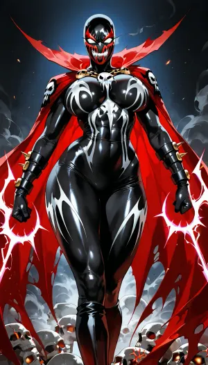 (("The Spawn")), Photorealistic ultra-detailed cinematic image of a powerful seductive female Spawn, genderbent version, athletic voluptuous body with large breasts, narrow waist and wide hips, wearing an extremely tight glossy black symbiote suit that clings to every curve, white skull emblem on chest, red glowing vein-like patterns, sharp spikes on shoulders, forearms, thighs and boots, heavy metal chains wrapped around torso and arms, long torn flowing red cape with spikes, full black and white demonic mask with glowing white eyes, no hair visible, standing in powerful pose, intense green hellish energy and smoke swirling behind her, dark dramatic lighting, ultra realistic skin texture on exposed parts, menacing atmosphere, 8k, photorealistic, intricate details, dark erotic horror style