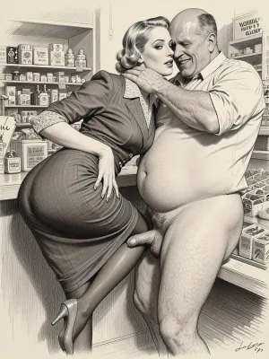 This is a detailed monochromatic pencil drawing in a classical illustrative style depicts a scene set in the 1930s in Germany, a grocery store, a beautiful sexy blonde mother with an elegant hairstyle, a frau with an hourglass figure, curvy body, dressed in a 1930s strict dress dress, brown silk stockings, (wide hips), She's leaning low over the counter with the hem of her dress up and masturbates dick of a an obese ugly old salesman 90yo standing a front of her, ((her ass and labia are visible), a an obese old salesman is wearing shirt with the sleeves rolled up, his pants are down, his hairy legs are visible, Old salesman smirks maliciously, He rough holds Frau by head with his hands . Side view, The overall mood is intense, rendered in fine, expressive line work and subtle shading, evoking the style of 1950s satirical or moralistic illustrations.)
