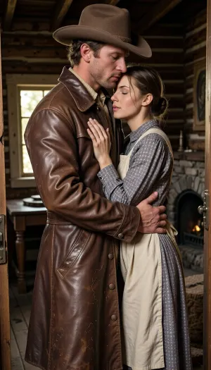A cinematic, hyper-realistic photography capturing a heartwarming, emotional "Wild Wild West" scene. Close-medium framing focusing on a weathered pioneer man returning home, tenderly embracing his beautiful pioneer wife just inside the doorway of their rustic wooden cabin. The man, dusty from the trail, wears a classic rugged cowboy hat tilted back and an authentic, heavily weathered brown leather duster overcoat. This iconic frontier coat features a wide statement collar, realistic leather grain texture patinated with trail dust, and is completely buttoned up from the chest down, creating a classic Western silhouette that entirely covers his waist and hips under the heavy leather fabric. His strong arms are wrapped protectively around her. His wife, with her hair tied up in a simple period-accurate bun, wears a modest, long-sleeved calico pioneer dress with a cotton apron. Her hands, resting gently on his shoulders, are masterfully rendered with perfect anatomical precision, showcasing smooth skin, beautifully shaped delicate fingers, and highly detailed fingernails, completely free of any distortion or aesthetic flaws. The focus is tight on their genuine expressions of relief and love, their faces pressed close together, capturing the authentic texture of his sun-weathered skin and her soft complexion. The long leather coat completely conceals his entire waistline, ensuring a peaceful, weapon-free civilian attire. The background shows the warm, dim interior of the log cabin, with crystal-clear golden sunlight streaming through a small window, illuminating the space and revealing a simple wooden table and a stone hearth in a soft bokeh. High-contrast cinematic lighting, shallow depth of field, warm color palette, captured on 50mm lens, photorealistic, 8k, masterfully composed, emotional depth.