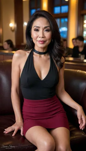 Thigh up photo of sexy cute beautiful petite 63 yr old Filipina, ((oval face)), (full cheeks), Asian eyes, ((big broad mouth)), mouth closed, (((raised round and thin high arch eyebrows))), (cateye makeup), long full eyelashes, (long wavy black hair), dark Brown eyes, soft features, flat nose, (((wrinkles on face))), flirty expression, (((aged face and body))), (big natural tits), (((wearing a tight skirt and a skimpy black halter blouse))), (((very petite body))), ((she’s sitting down on a couch in a dark fancy moody crowded busy wine lounge at night with lots of people in the background)), best quality, flash photo, candid, disposable camera