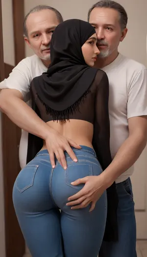 cute 18 years Algerian woman, small body, (tight jeans), (round bubble butt), (dark tanned skin), cute face, innocent face, (long black hijab-scarf), (caught by force and molested), ((old man holding her and groping her ass)), by force, back view, fully clothed, <lora:Ass_Pants_XL:1.7>, <lora:flat_chested_v3.5:1.1>, <lora:bottomheavy_v1_sdxl_LoRA:1>, <lora:RMSDXL_Photo:2>, <lora:Beautify-Supermodel-SDXL:1.9>, 
