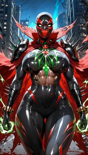 (("The Spawn")), Hyperrealistic dark cinematic shot of a sexy female Spawn, genderbent, stunning athletic-curvy body, massive breasts, toned abs, wide hips, skin-tight shiny black symbiote suit hugging every curve perfectly, white bone-like patterns on chest, blood-red accents, heavy spiked pauldrons, metal chains floating around her, large dual guns in hands, long dramatic torn red cape flowing in wind, full black demonic mask with glowing green eyes, no hair, standing in aggressive powerful pose, dark destroyed city background at night, green energy glow, dramatic rim lighting, heavy volumetric shadows, ultra detailed, photorealistic, 8k, dark seductive horror vibe