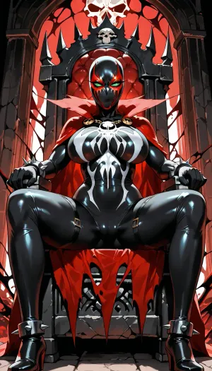 (("The Spawn")), Photorealistic epic scene of a dominant sexy female Spawn sitting on a dark gothic throne, genderbent version, incredibly seductive athletic body with large breasts and pronounced curves, extremely tight black symbiote suit with white emblem and red glowing details, sharp spikes everywhere, heavy chains across body, long torn red cape draped over throne, full demonic mask with glowing white-green eyes, no hair, powerful and regal sitting pose, green hellfire energy in background, skulls and chains around throne, dark dramatic lighting, ultra detailed, menacing and erotic atmosphere, 8k, cinematic horror