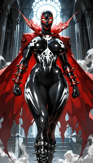 (("The Spawn")), Photorealistic ultra-detailed cinematic image of a powerful seductive female Spawn, genderbent version, athletic voluptuous body with large breasts, narrow waist and wide hips, wearing an extremely tight glossy black symbiote suit that clings to every curve, white skull emblem on chest, red glowing vein-like patterns, sharp spikes on shoulders, forearms, thighs and boots, heavy metal chains wrapped around torso and arms, long torn flowing red cape with spikes, full black and white demonic mask with glowing white eyes, no hair visible, standing in powerful pose, intense green hellish energy and smoke swirling behind her, dark dramatic lighting, ultra realistic skin texture on exposed parts, menacing atmosphere, 8k, photorealistic, intricate details, dark erotic horror style