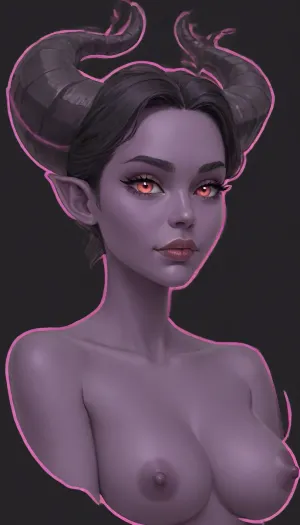 (2D, vector art, cel shaded:1.8), (thick outline:1.9), 1girl, solo, ((demon girl)), ((mature)), ((dark purple colored skin)), (huge horns), ((pink eyes)), vibrant, energetic, portrait, naked, <lora:outline_xl_kohaku_delta_spv5x:2>, <lora:detailed_notrigger:.8>, <lora:add-detail-xl:.8>