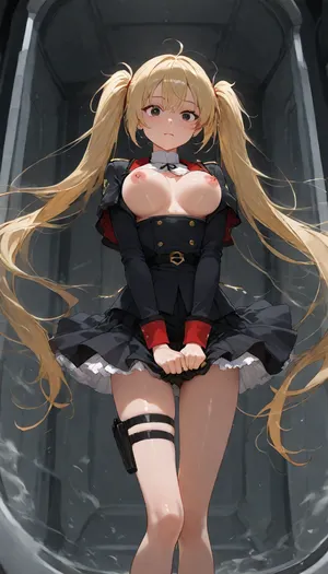 1girl, cute face, surprised, (skinny, slim body, slim legs, slim thigh:1.04), (holding down her skirt backside by her hands, updraft, floating front, fluttering front, skirt, wind, tug, lift:1.16), (red and black military uniform, short jacket, long pleated black skirt, frills skirt, layered skirt, flared skirt, many under skirt of white, peticoat, white sexy panty, ultra-detailed panty:1.02), volumy hair, high-twintail, very long gold straight hair on her thigh, staring at me, raise her hand straight up horizontally, black eyes, pink nipples, (looking her medium breast, bouncing breasts:1.04), leg holster, (in warship hanger, mobile suits:1.09), <lora:Rubi-samaXL:1>, <lora:ClearKing_XL_v1_AutoRunMech:1.2>