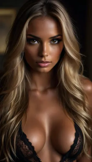 woman, extreme Close up, Portrait, beautiful 26 year old brazilian supermodel, 1.76 meters tall, (dark tan:1.3), bronze skin, (super long blonde hair with brown highlights:1.4), detailed brown eyes, (professional make up job, eyeliner, blush, mascara), long eyelashes, (high cheek bones:1.4), (full pouty lips:1.2), firm 34c cup breasts, tight glutes, long shapely legs, long feminine arms, smooth skin, perfect eyes, perfect teeth, painted fingernails, perfectly proportioned, highly detailed body and face, happy, perfect, slim e body. pulling down her black satin bra to reveal c cup breasts, hair half up half down, perfect face, eye contact, gorgeous, sexy, sensual, seductive eyes and look, pulld, <lora:attractive_notrigger:1.7>, <lora:BUT_SDXL_SHS:2>, <lora:Vivid Midjourney mimic - XL SDXL v2.0:.5>, <lora:add-detail-xl:1.6>, <lora:dark:.1>