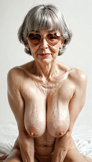 (a sexy gilf Posing topless:1.4), (moanings:1.2), (fringe haircut:1.2), (short hair:1.2), gray hair, (medium sagging breasts:1.3), (hot body:1.2), wrinkled face, (beautiful face:1.6), full body. White background, Daylight, heart shaped sunglasses.
