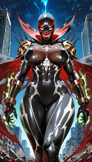 (("The Spawn")), Hyperrealistic dark cinematic shot of a sexy female Spawn, genderbent, stunning athletic-curvy body, massive breasts, toned abs, wide hips, skin-tight shiny black symbiote suit hugging every curve perfectly, white bone-like patterns on chest, blood-red accents, heavy spiked pauldrons, metal chains floating around her, large dual guns in hands, long dramatic torn red cape flowing in wind, full black demonic mask with glowing green eyes, no hair, standing in aggressive powerful pose, dark destroyed city background at night, green energy glow, dramatic rim lighting, heavy volumetric shadows, ultra detailed, photorealistic, 8k, dark seductive horror vibe
