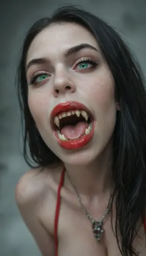 Ultra-realistic, ((vampire with pointed teeth)), open mouth, Pale white like marble, ((a woman with very pale skin)), micro red thong, (((skin completely pale, skin without pigment, long black hair))), extremely detailed, (((enormous fangs, open mouth))), (seductive green eyes, full lips, red lipstick), ((enormous exposed breasts, pink areolas)), (huge breasts), Necklace with skull detail around the neck, full body, (naked, perfect, pussy), wet pussy, pubic hair, front view, side view, ground full of skulls and bones, ((fog in the background)), night scene, ((very pale)), skin, Perfect, Fangs, fangs, sharp, teeth, fang, <lora:detailed_notrigger:.8>, <lora:Pale_Skin_SDXL_v1.0:.8>, <lora:Unfazed vampire - XL SDXL V1.0:.8>