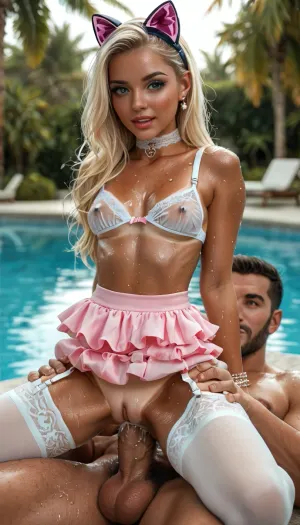 UHD 8K, extreme realism, maximum detail, (victoria secret super model:1.7), ((super sexy)), (women, 18 years old and 25 years old:1.5), European, (swede girl:1.5), aristocratic facial features, (face detail 10 out of 10), ((cute face:1.3)), ((perfect eyes)), full view, Face shape Oval with a clear chin line smooth cheekbones, Hair Light ash, Hair almost straight and black, The parting is slightly shifted to the left, The skin texture is even and smooth, indicating careful care. The face is matte, a light natural blush is noticeable on the cheeks and bridge of the nose, which gives the appearance freshness, No visible defects, pores or peeling, Eyebrows Clearly defined, medium width, slightly darker than the hair, which gives the face contrast and expressiveness, Eyes Blue, light, with an even iris and a bright look, The eyelids have light makeup, light beige shadows on the movable eyelid, soft shading of gray-brown shadows in the crease, an emphasized and open look. The eyelashes are long, black, emphasizing the almond shape of the eyes. The look is slightly squinted, expressing slight surprise or thoughtfulness, Nose Neat, straight, with a smooth bridge and a slightly pointed tip, The wings of the nose are small, symmetrical, Lips Full, with a well-developed contour and natural texture, The color of the lips is muted pink, possibly with a light tone of moisturizing balm or transparent gloss, The upper lip is slightly thinner than the lower, (tanned), skin, (tan lines:1.5), jewelry, (brilliant neck choker), excited, tattoos, wet, (wide hips:1.7), (pumped up buttocks:1.4), (fitness butt:1), (fat thighs:1.4), ankle bracelets, classic heeled shoes, tights and stockings, modern black tattoos, wet clothes, tiny waist, seductive facial expression, perfect breasts, (perfect long legs:1), more definition in the legs, stockings with garters, (the legs are drawn correctly:1), (perfect boobs and erect nipple under wet transparent bra:1.5), cum in ass, (look each other in the face), (small firm breasts:1.1), (1 man and 1 women:1.5), full body, (cat-ear headband), (colored mini skirt hiked up:1.3), (proportional body:1.6), (perfect boobs and erect nipple under wet bra:1.5), (1 black man), (small firm breasts:1.5), 1 men, (hair colored bows:1), (perfect boobs and erect nipple under wet white tone bra:1.5), lace lingerie, beautiful setting by the pool, (sits on top of a man:1.3), (anal sex:1.5), (black dick), (((huge cock deep in ass:1.7))), ((girl deep impaled on a penis:1.6)), (sunlight shining in:1.5), ((hands on thighs:1.7)), (side view:1.4), (stockings with garters:1.5), (proper physics), (proper anatomy), (cum flows from ass:1.1), (focus anal penetration:1.5), (butt close-up:1.3), kiss, <lora:SDXLHighDetail_v6-000005:2>, <lora:BUT_SDXL_SHS:2>, <lora:style_lora_realis:2>, <lora:detailer-xl:2>, <lora:attractive_notrigger:2>