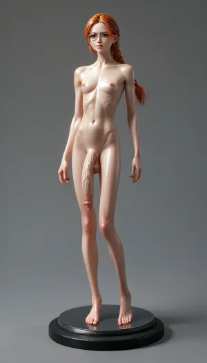 full body view, nude body, (old milf:1.11), huge boobs, (muscular:1.1), big cock and balls, (skinny:1.5), (shiny skin:1.3), (belly bulge:1.1), long ginger hair, glasses, (white skin:1.3), FrostedStyle, high quality fantasy art of a beautiful futanari made of transparent glass, delicate figurine of glass, adorable, <lora:SDXLFrosted:2>, <lora:detailed_notrigger:2>