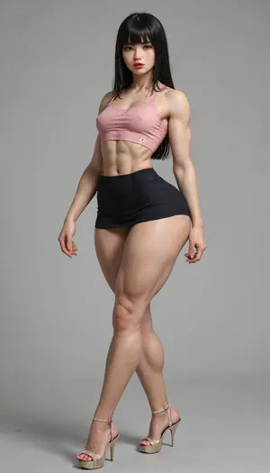 Full body, 8k wallpaper, ((18 year old)), (Highest quality), ultra detailed. Long black hair with bangs, green eyes, Korean face, red lips, small breasts, ((very muscular)), ((tiny waist)), wide hips, (((huge ass))), pale skin, abs. BREAK, pink blouse, long black skirt, platform heels. Semi-realistic. walking., <lora:add-detail-xl:.8>, detailxl, <lora:detailed_notrigger:.8>, <lora:detailed_hugeass:.7>, sfb, <lora:sfb_v3:.8>