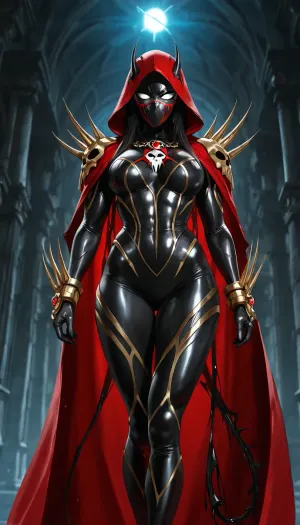 (("The Spawn")), A highly detailed cinematic portrait of a fierce female Spawn, genderbent version of Spawn, beautiful athletic woman in her mid-20s, powerful and seductive, wearing the iconic black and red symbiote suit with glowing emerald green accents, long flowing red cape with spikes, heavy chains wrapped around her body, skull emblem on chest, sharp spikes on shoulders and wrists, full face mask with glowing white eyes, long dark hair flowing from under the hood, perfect feminine proportions with athletic muscular build, dynamic pose, dramatic lighting, dark atmosphere, hellish energy, cinematic style, ultra realistic, 8k, photorealistic, intricate details, in the style of Todd McFarlane and Greg Capullo