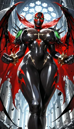 (("The Spawn")), Hyperrealistic full-body shot of a fierce seductive female Spawn standing with arms spread wide, genderbent, perfect voluptuous athletic body, huge breasts, slim waist, wide hips, glossy black symbiote suit second-skin tight with white bone patterns and red accents, massive spiked armor on shoulders and arms, heavy golden and metal chains wrapped around waist and chest, long dramatic flowing red cape spread like wings, full black and white Spawn mask with glowing green eyes, no hair visible, powerful stance, dark gothic cathedral ruins background with flying debris, dramatic low angle shot, cinematic lighting, ultra realistic, 8k, dark erotic horror style