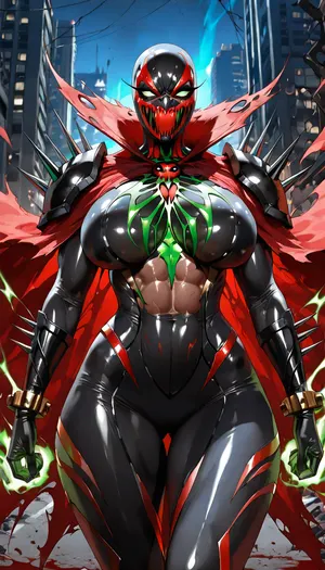 (("The Spawn")), Hyperrealistic dark cinematic shot of a sexy female Spawn, genderbent, stunning athletic-curvy body, massive breasts, toned abs, wide hips, skin-tight shiny black symbiote suit hugging every curve perfectly, white bone-like patterns on chest, blood-red accents, heavy spiked pauldrons, metal chains floating around her, large dual guns in hands, long dramatic torn red cape flowing in wind, full black demonic mask with glowing green eyes, no hair, standing in aggressive powerful pose, dark destroyed city background at night, green energy glow, dramatic rim lighting, heavy volumetric shadows, ultra detailed, photorealistic, 8k, dark seductive horror vibe