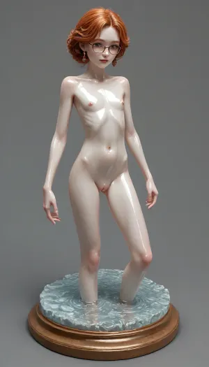 full body view, spreading legs, nude body, (old milf:1.11), wide hips, (skinny:1.5), (shiny skin:1.3), (belly bulge:1.1), ginger hair, glasses, (white skin:1.3), FrostedStyle, high quality fantasy art of a beautiful femboy made of transparent glass, glowing within, delicate figurine, adorable, <lora:SDXLFrosted:1>, <lora:detailed_notrigger:2>
