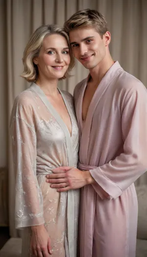 Full length romantic portrait of mature mother 48yo short ash-blonde hair, shy smile, sheer robe, embrace with young male, ((20yo)), boyfriend.