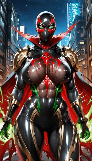 (("The Spawn")), Hyperrealistic dark cinematic shot of a sexy female Spawn, genderbent, stunning athletic-curvy body, massive breasts, toned abs, wide hips, skin-tight shiny black symbiote suit hugging every curve perfectly, white bone-like patterns on chest, blood-red accents, heavy spiked pauldrons, metal chains floating around her, large dual guns in hands, long dramatic torn red cape flowing in wind, full black demonic mask with glowing green eyes, no hair, standing in aggressive powerful pose, dark destroyed city background at night, green energy glow, dramatic rim lighting, heavy volumetric shadows, ultra detailed, photorealistic, 8k, dark seductive horror vibe