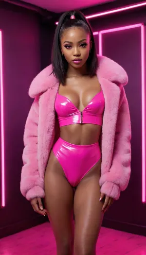21 young black woman, extremely gorgeous and exotic brat, she is both Chinese and African American, deeply dark ebony skin, pink make-up, she has the look of a spoiled brat, neon pink two-piece latex outfit, pink fur coat, fit hourglass body, she has a real bratty smug face, she has the aura of real spoiled brat, setting is a dark pink nightclub room, room is covered in dark neon pink lighting, she is hyper-realistic, she is standing up, her back turned, bratty posture