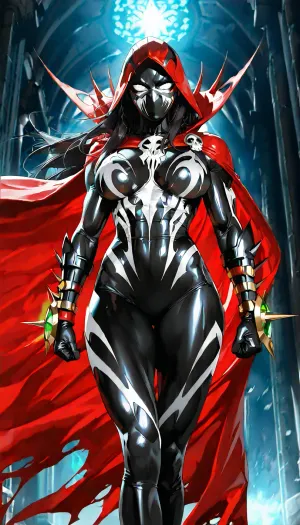(("The Spawn")), A highly detailed cinematic portrait of a fierce female Spawn, genderbent version of Spawn, beautiful athletic woman in her mid-20s, powerful and seductive, wearing the iconic black and red symbiote suit with glowing emerald green accents, long flowing red cape with spikes, heavy chains wrapped around her body, skull emblem on chest, sharp spikes on shoulders and wrists, full face mask with glowing white eyes, long dark hair flowing from under the hood, perfect feminine proportions with athletic muscular build, dynamic pose, dramatic lighting, dark atmosphere, hellish energy, cinematic style, ultra realistic, 8k, photorealistic, intricate details, in the style of Todd McFarlane and Greg Capullo