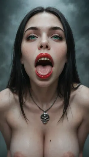 Ultra-realistic, vampire with pointed teeth, open mouth, Pale white like marble, ((a woman with very pale skin)), (((skin completely pale, skin without pigment, long black hair))), extremely detailed, (enormous fangs, open mouth), (seductive green eyes, full lips, red lipstick), ((enormous exposed breasts, pink areolas)), (huge breasts), Necklace with skull detail around the neck, (naked, perfect, pussy), wet pussy, pubic hair, front view, side view, ground full of skulls and bones, ((fog in the background)), night scene, ((very pale)), skin, Perfect, Fangs, fangs, sharp, teeth, fang, <lora:detailed_notrigger:.8>, <lora:Pale_Skin_SDXL_v1.0:.8>, <lora:Unfazed vampire - XL SDXL V1.0:.8>
