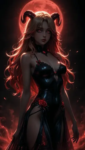 Charming petite girl, (Multicolour bright red ruby rose Hairstyle), (charming eyes, bright red glowing pupils:1.1), (upperbody:1), (very long Luxurious hair in the wind), (horns, jewelry and rings on horns), glossy dress, glowing silk dress, lace dress, reiq style, thin blonde showing her breasts posing in sexy lingerie with a heartshaped womb tattoo on stomach, in a dungeon, flames, kneeling, full body, masterpiece, best quality 4k HDR high resolution realistic photograph, big red moon in the background, body in Sexy lingerie with suspenders, tan lines, (glossy oiled skin:1.2), lace stockings, lace garter belt, lace thigh high, detailed body, detailed eyes, detailed face neon, bow on head, black bow with red ribbons at the edges in gothic style, beautiful girl, elastic breast, abs, Red, and, black_gothic_fantasy, ltctr, color, +, light, contour, glowing hair, <lora:Red_and_black__gothic_fantasy-000007:2>, <lora:light_contour_sdxl:2>, <lora:dark:2>, <lora:Glowing_beach:2>, <lora:womb_tattoo_v6_SDXL:2>