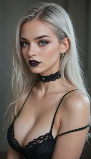 Beautiful curvy goth girl, pale skin, blue eyes, silver hair, Black lipstick