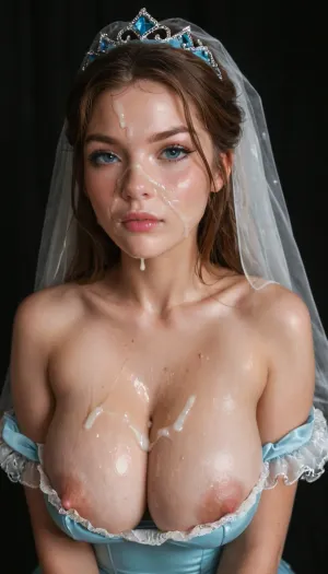 Busty Disney princess in fairytale dress. Deep cleavage. Oiled tits. Shy and innocent. The girl is wearing a coned on her head with a veil. Princess hat. The princess tits are too big for her dress. The girl looks annoyed and condescending. The girl’s boobs are pressing out of the dress. Massive natural tits. The princess has cum on her forehead and in her cleavage. Cum is dripping from her face. Cum dripping from her forehead. Cum in hair., woman, <lora:JustCum:.8>, cum on her nose. Cum in her eye., facial, cum, on, face, breasts, stomach, covered, in, perfect, <lora:Facials:.8>