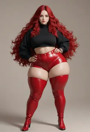 very tall bbw pawg, huge hips, huge thighs, ((extra saggy east west type brests)), very long straight red coloured hair, wearing leather chaps wearing a very short red tight crop top