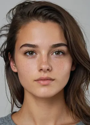 front facing Portrait. 18 year old brunette. loose hair, (messy hair:.8), Hair brushed back. Long hair. Square shaped face. marked jawline., (freckles:.2), Grey top.