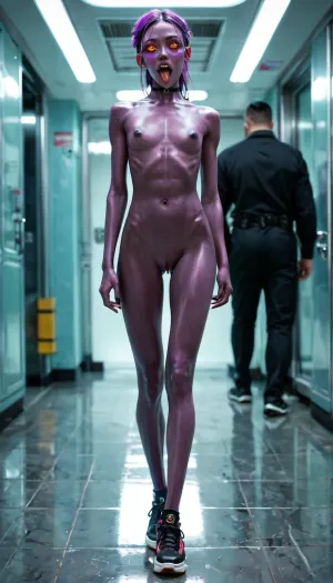 (ultra skinny:1.6), shiki_, (psychedelic_g2), cyberpunk series, full body EVIL robot with synthetic dark purple skin, walking, straight-on, spiral eyes, hypnotic, nipples, pussy, purple hair, incoming kiss, open mouth, black big tongue, black hospital, no shoes, looking at viewer