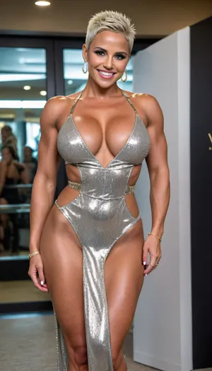 female bodybuilder, short bright silver spiked hair, smile, large, breasts, big, boobs, huge, tits, dark tanned skin, silver sequinned bikini, film premiere, <lora:uberfit_lora_sdxl:.8>, <lora:bombshell_v2:.8>, risqué Versace design featuring gold safety pins that hold the dress together at the side. Its high-leg slit and a daring plunging neckline added to its allure.