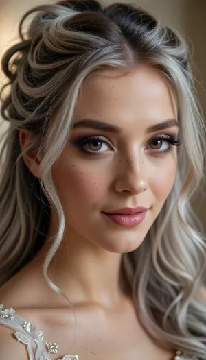 (masterpiece, best quality, 8k, Raw photography:1.2), (award-winning:1.1), (high fashion aesthetic, avant-garde portfolio photoshoot:1.4), (focus on eyes, elegant wedding gown, immaculate makeup:1.8), (loving Girl, hyper feminine features, joy, celebration, adoring gaze, soft contented smile:1.5), high cheekbones, cute upturned nose, upturned upper lip, Freckles, (sense of intimacy:1.4), (intricate eye details:1.6), (warm eyes, captivating eyes:1.6), (long delicate eyelashes:1.5), (smokey makeup, intense makeup:1.4), (textured ash blonde hair with dark highlights, intricate and elaborate hair style:1.4), (shallow depth of field, professional color grading:1.6), (softly blurred background:1.3), (warm natural light, hair glow lighting), (natural skin texture:1.6), (realistic skin details:1.5), (intricately detailed hair:1.5), (expressive detailed eyes:1.6), (visible limbal ring:1.5), (detailed iris texture:1.5), (natural hair texture:1.4), (realistic eye texture:1.5), subtle vellus hairs, ziprealism