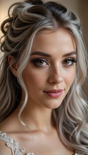 (masterpiece, best quality, 8k, Raw photography:1.2), (award-winning:1.1), (high fashion aesthetic, avant-garde portfolio photoshoot:1.4), (focus on eyes, elegant wedding gown, immaculate makeup:1.8), (loving Girl, hyper feminine features, joy, celebration, adoring gaze, soft contented smile:1.5), high cheekbones, cute upturned nose, upturned upper lip, Freckles, (sense of intimacy:1.4), (intricate eye details:1.6), (warm eyes, captivating eyes:1.6), (long delicate eyelashes:1.5), (smokey makeup, intense makeup:1.4), (textured ash blonde hair with dark highlights, intricate and elaborate hair style:1.4), (shallow depth of field, professional color grading:1.6), (softly blurred background:1.3), (warm natural light, hair glow lighting), (natural skin texture:1.6), (realistic skin details:1.5), (intricately detailed hair:1.5), (expressive detailed eyes:1.6), (visible limbal ring:1.5), (detailed iris texture:1.5), (natural hair texture:1.4), (realistic eye texture:1.5), subtle vellus hairs, ziprealism
