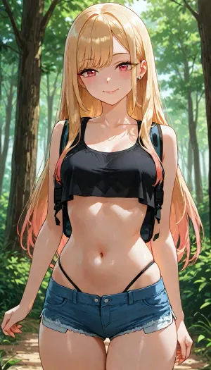 marin_kitagawa from sono_bisque_wa_doll, small breasts, bare breasts, hiking alone in forest, wearing short shorts and tank top, visible high waist thong panty, peaceful happy expression, anime style, detailed shading, <lora:add-detail-xl:1.2>, <lora:attractive_notrigger:1.2>, <lora:detailed_notrigger:1.2>, <lora:LCMTurboMix_Euler_A_fix:1.2>