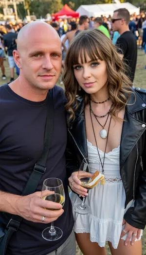 A couple poses for a photo at an outdoor festival, holding drinks and snacks.

The image is a close-up portrait of a couple at an outdoor event, likely a music festival given the background of a crowd and tents. The man in the foreground on the left is wearing a dark t-shirt, a black crossbody bag. He IS bald With round head, unshaved. He is holding a two glasses of wine glass. The woman With androgyne body on the right is looking directly at the camera. She has light brown, wavy hair With bangs and is wearing a micro white dress with lace trim and a black leather jacket. She is also wearing several layered necklaces, including one with a large, light-colored pendant. The background is slightly blurred, showing a large gathering of people, some with red tents or canopies visible. The overall atmosphere appears to be casual and festive, with a sense of fun and perhaps a touch of bohemian style in their attire. The lighting suggests it's daytime, possibly late afternoon, with warm sunlight.