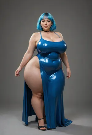 very tall ssbbw obese pawg, huge hips, huge thighs, very thin waist, ((extremely saggy east west brests)), short blue coloured hair, wearing a full body latex colbalt blu bodycon dress