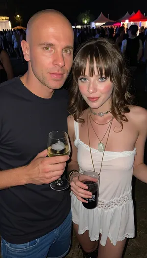 A couple poses for a candid photo at an outdoor festival, holding drinks. Nighttime. Flash photo .

The image is a close-up portrait of a couple at an outdoor event, likely a music festival given the background of a crowd and tents. The italian man in the foreground on the left is wearing a dark t-shirt, à blue short. He IS bald With round head, unshaved. He is holding a glasses of wine With ice cube. The woman With androgyne body on the right is looking directly at the camera. She has light brown, wavy hair With bangs and is wearing a seethrue micro loose white dress with lace trim . She has Small breasts. She is also wearing several layered necklaces, including one with a large, light-colored pendant. The background is slightly blurred, showing a large gathering of people, some with red tents or canopies visible. The overall atmosphere appears to be casual and festive, with a sense of fun and perhaps a touch of bohemian style in their attire. The lighting suggests it's nightime, possibly 3AM, with dark atmosphere.
