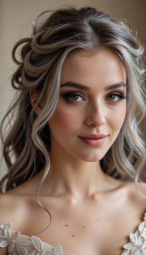 (masterpiece, best quality, 8k, Raw photography:1.2), (award-winning:1.1), (high fashion aesthetic, avant-garde portfolio photoshoot:1.4), (focus on eyes, elegant wedding gown, immaculate makeup:1.8), (loving Girl, hyper feminine features, joy, celebration, adoring gaze, soft contented smile:1.5), high cheekbones, Freckles, (sense of intimacy:1.4), (intricate eye details:1.6), (warm eyes, captivating eyes:1.6), (long delicate eyelashes:1.5), (smokey makeup, intense makeup:1.4), (textured ash blonde hair with dark highlights, intricate and elaborate hair style:1.4), (shallow depth of field, professional color grading:1.6), (softly blurred background:1.3), (warm natural light, hair glow lighting), (natural skin texture:1.6), (realistic skin details:1.5), (intricately detailed hair:1.5), (expressive detailed eyes:1.6), (visible limbal ring:1.5), (detailed iris texture:1.5), (natural hair texture:1.4), (realistic eye texture:1.5), subtle vellus hairs, ziprealism