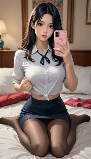 reiq style, closeup Sexy 18 year old woman, (student flashing big tits from scrub top), (wearing student uniform, white shirt, color tie, pantyhose), photogenic 18 year old college student, Petite fit, busty hourglass figure, ((sexy wavy long brilliant black hair)), (sitting on bed in the bedroom full body photo), (professional photo), wearing mini skirt, taking selfie with phone, sexy body, curves, warm sun light