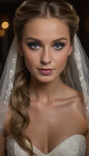 (masterpiece, best quality, 8k, Raw photography:1.2), (award-winning:1.1), (high fashion aesthetic, avant-garde portfolio photoshoot:1.4), (focus on eyes, elegant wedding gown, immaculate makeup:1.8), (loving Girl, hyper feminine features, joy, celebration, adoring gaze, soft contented smile:1.5), high cheekbones, cute upturned nose, upturned upper lip, (glossy lips:1.6), Freckles, (sense of intimacy:1.4), (intricate eye details:1.6), (warm eyes, captivating eyes:1.6), (long delicate eyelashes:1.5), (smokey makeup, intense makeup:1.4), (textured ash blonde hair with dark highlights, intricate and elaborate hair style:1.4), (shallow depth of field, professional color grading:1.6), (softly blurred background:1.3), (warm natural light, hair glow lighting), (natural skin texture:1.6), (realistic skin details:1.5), (intricately detailed hair:1.5), (expressive detailed eyes:1.6), (visible limbal ring:1.5), (detailed iris texture:1.5), (natural hair texture:1.4), (realistic eye texture:1.5), subtle vellus hairs, ziprealism