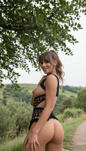 A full body shot is taken from a slightly low angle of a androgyne woman standing outdoors. She is positioned in the center of the frame, with her body angled slightly to her left, but her head turned towards the camera. She has a warm, wide smile, with her eyes looking directly at the viewer. Her hair is light brown wavy hair With bangs and pulled up loosely, with some strands falling around her face. She is wearing a revealing black outfit with intricate cut-out patterns, adorned with small, shimmering embellishments that catch the light. Her outfit reveals The sise or her body. The fabric appears to be a delicate lace or net. Her hands have Dynamic pose in front of her.

The background is a lush, green landscape with rolling hills. In the immediate foreground, to the left, is the branch of a large tree with abundant green leaves, partially obscuring the upper left portion of the image. To the right, a dirt path winds upwards. The sky is overcast with a pale grey hue, suggesting a cloudy day. The colors in the image are predominantly natural greens and browns of the landscape, contrasted with the dark black of the woman's attire and the pale, muted tones of the sky. The composition places the woman as the clear focal point, with the natural environment serving as a soft, diffused backdrop. The lighting is even, with no harsh shadows, contributing to the overall soft and inviting feel of the image.