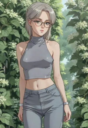 (photo taken on private garden, sunhine:1), photo shows complete body, dynamic, realistic, perfect lighting, (best shadows), 8K, UHD, clear image, (best lighting), best quality, ultra detail, fine detail, high resolution, 8k wallpaper, masterpiece, one female, (European woman 25 years old:1.2), ((skinny with perky tits:1.4)), (((skinny, small, petite, height 175 cm, long perfect legs, perfect round ass, narrow waist, wide hips:1.4))), (detailed green eyes, hip length white blonde hair, individual hair strands in face:.8), (very detailed face, beautiful, light freckles, tanned skin, full lips), (wearing a detailed grey glittering velvet sleveless high neck crop top and jeans hotpants:1.4), detailed high platform shoes, (glasses:1.2), big earrings, she stands next to a flowering Forysthia shrub, <lora:SDXLHighDetail_v6-000005:.8>, (cartoon), tooned, cartoon, low color palette, painted, illustration, made in illustrator, no gradients, incase style, concept, retro, futuristic, flat colors, <lora:ratatatat74-000050:.9>, <lora:outline_xl_kohaku_delta_spv5x:.5>, <lora:cartoon_stickers_xl_v1:.6>, <lora:NEOTOKIOXL_0.2_RC:.4>