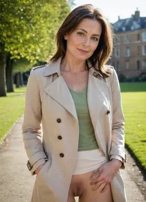 Photorealistic portrait of a 48-year-old woman with shoulder-length dark brown hair, green eyes, natural, wearing a beige trench coat and white blouse. bending down in a city park during golden hour, bare ass, soft smile, looking at the camera. Shallow depth of field, 85mm lens, cinematic lighting, realistic skin texture, highly detailed, professional fashion photography, ultra sharp focus., <lora:stretch_marks:.7>, <lora:Jade_55_MILF-000009:.7>, <lora:SDXL_DatAss_v1:.7>, <lora:doyoulikemybum:.7>, <lora:LookAtMyAss:.7>