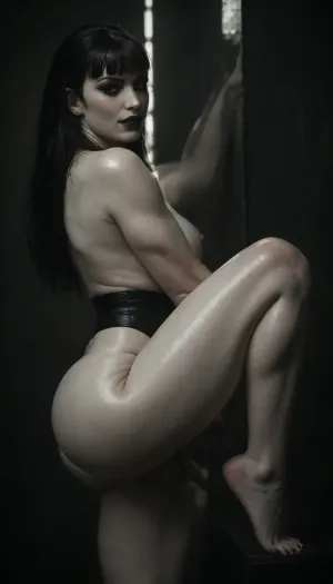 thick curvy futa, side view, gothic, goth, (ash white skin:2.3), dark black eyes, (longblack cleopatra hair with bangs:1.3), (black eyeliner:1.5), (black lipstick), smile, shiny skin, perfect skin, makeup, big hips, big ass, voluptuous, curvy, feet with high arches, thick thighs, very thick legs, leg muscles, muscle thighs, big calves, muscled legs, (((narrow snatched waist))), detailed feet, dancer feet, moaning, erect-futa, erect-penis, femboy, testicles, erection, warm lighting, ultra high details, award winning photo, <lora:dark:.1>, <lora:SDXLlora13ErFut:1.5>